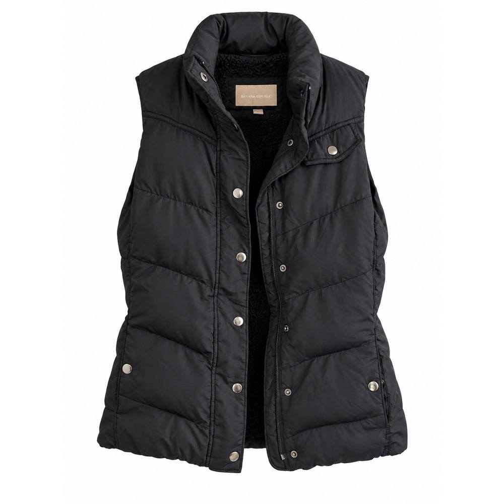 Banana Republic Women's S Black Puffer Vest Sherpa Lined Zip Snap Pockets